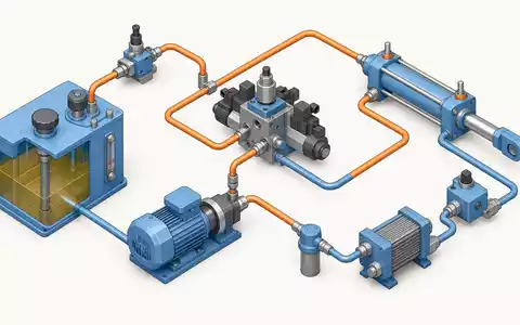 Parker-Hannifin US7010941019 zeigt eine isometrische 3D-Illustration eines geschlossenen Hydraulik-Kreislaufs mit Pumpe und mehreren Ventilen - Foto: THN
