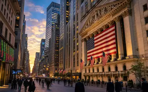Parker-Hannifin US7010941019 Börsen-Editorial zeigt NYSE-Fassade mit Flaggen und Kurstafeln in New York City - Foto: THN