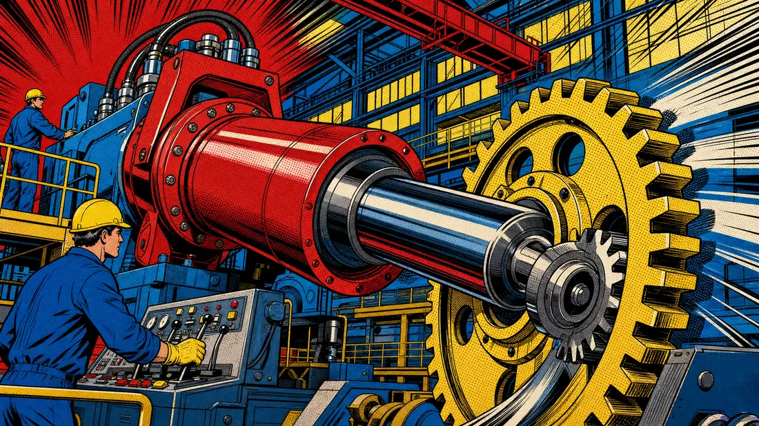 Pop-Art-Comicillustration eines großen Hydraulikzylinders und Zahnrads in leuchtenden Comicfarben