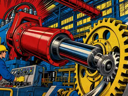 Parker-Hannifin US7010941019 zeigt ein Pop-Art-Comic mit riesigem Hydraulikzylinder und Zahnrad in dynamischer Fabrikszene - Foto: THN