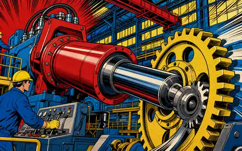 Parker-Hannifin US7010941019 zeigt ein Pop-Art-Comic mit riesigem Hydraulikzylinder und Zahnrad in dynamischer Fabrikszene - Foto: THN