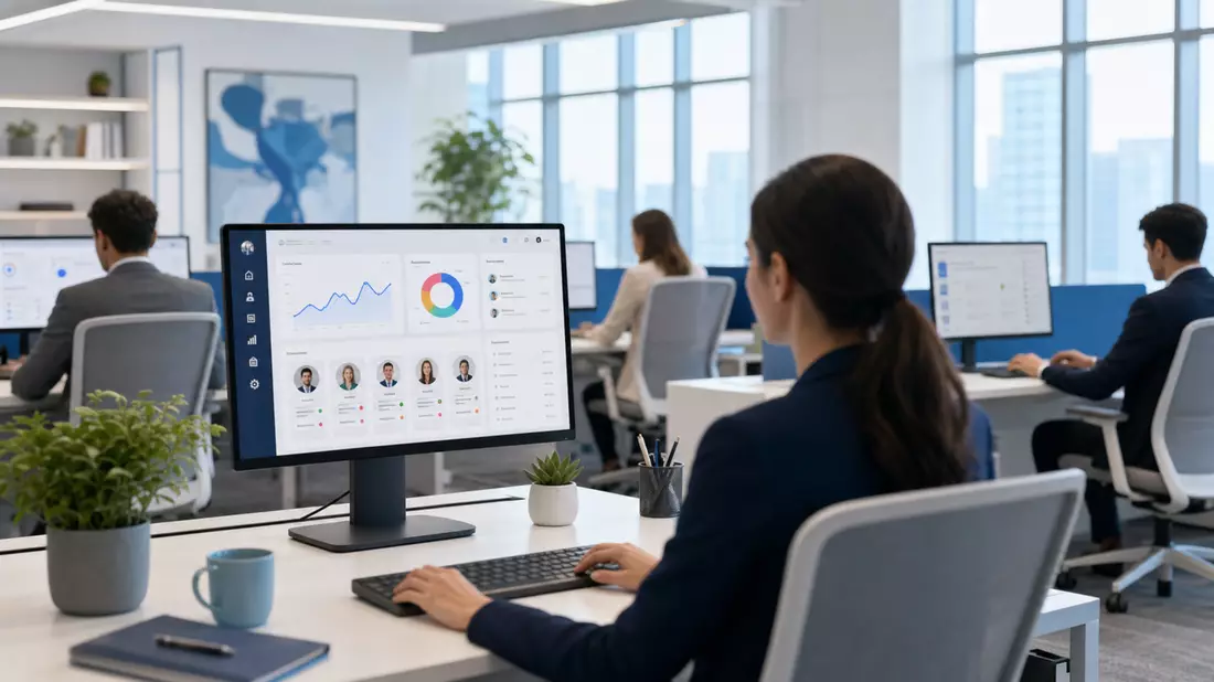 Moderner Open-Space mit Mitarbeitern an Bildschirmen mit generischer HR-Software-Oberfläche