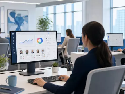 Paycom Software Inc. (US70432V1026) illustriert durch modernen Open-Space mit Cloud-HR-Software auf Bildschirmen sichtbar - Foto: THN