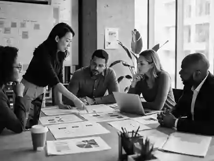 Paycom Software Inc. (US70432V1026) symbolisiert durch Schwarz-Weiss-Reportage eines HR-Teams bei strategischer Personalplanung im Büro - Foto: THN