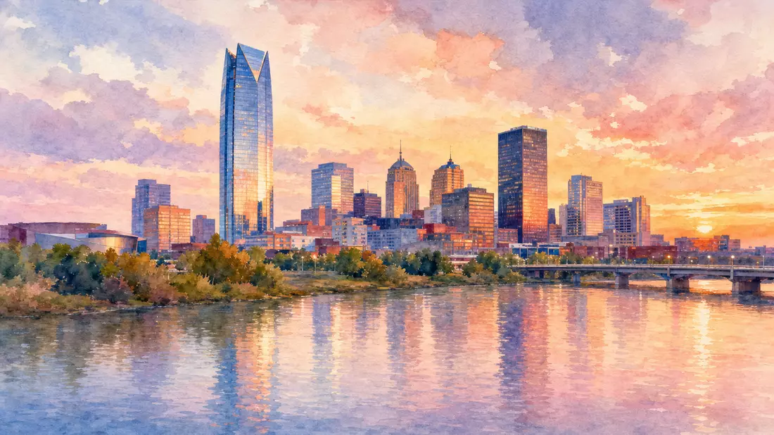 Aquarellmalerei der Oklahoma City Skyline mit Fluss und Sonnenuntergang