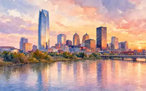 Paycom Software Inc. (US70432V1026) verbunden mit Aquarell-Ansicht der Oklahoma City Skyline bei warmem Sonnenuntergang - Foto: THN