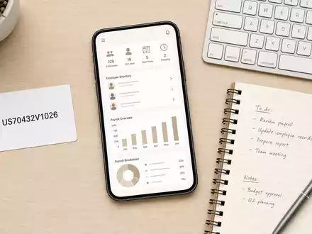Paycom Software Inc. (US70432V1026) gezeigt als Flatlay mit ISIN-Karte, Smartphone-App, Tastatur und Notizbuch auf Holztisch - Foto: THN