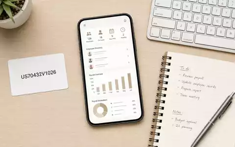 Paycom Software Inc. (US70432V1026) gezeigt als Flatlay mit ISIN-Karte, Smartphone-App, Tastatur und Notizbuch auf Holztisch - Foto: THN