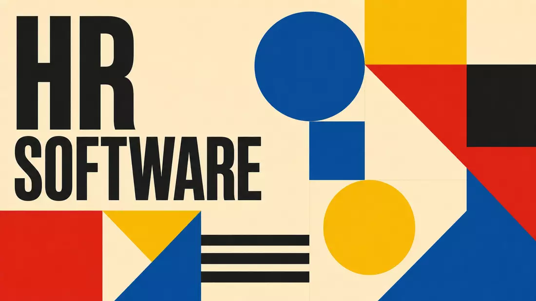 Bauhaus-Poster mit geometrischen Formen in Primärfarben und Schriftzug HR SOFTWARE