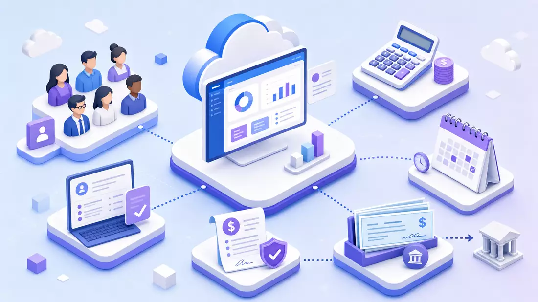 Isometrische 3D-Illustration eines Cloud-Payroll-Workflows mit vernetzten Icons und Diagrammen