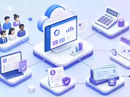 Paycom Software Inc. (US70432V1026) dargestellt als isometrische 3D-Grafik eines Cloud-Payroll-Workflows mit vernetzten Arbeitsschritten - Foto: THN