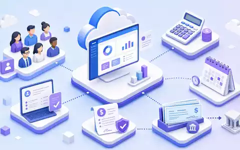 Paycom Software Inc. (US70432V1026) dargestellt als isometrische 3D-Grafik eines Cloud-Payroll-Workflows mit vernetzten Arbeitsschritten - Foto: THN
