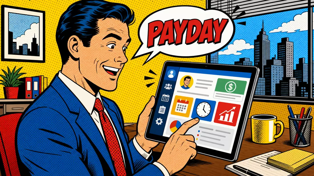 Pop-Art-Comic-Illustration eines Büroangestellten mit generischer HR-App auf Tablet und Sprechblase