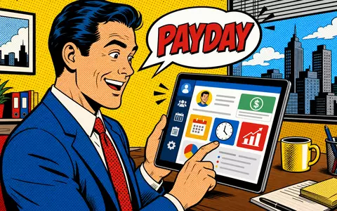 Paycom Software Inc. (US70432V1026) präsentiert im Pop-Art-Comic-Stil mit Büroangestelltem und generischer HR-App auf Tablet - Foto: THN