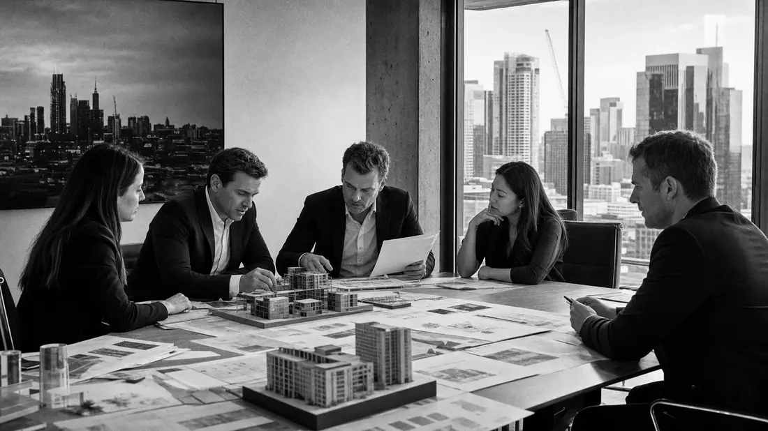 Schwarz-weiß Reportagefoto eines Teams bei der Analyse von Immobilienmodellen im Büro