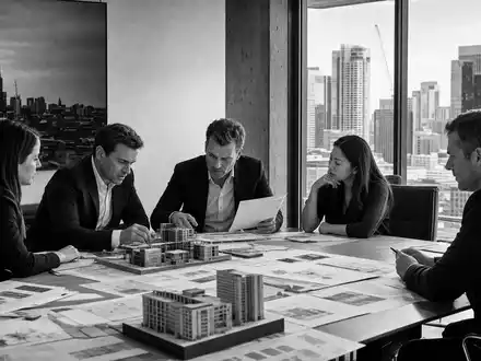 Patrizia SE (DE000PAT1AG3) Schwarz-Weiß-Reportage eines Immobilienportfolio-Meetings mit Investmentteam und Architekturmodellen am Konferenztisch - Foto: THN