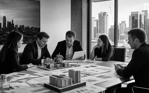 Patrizia SE (DE000PAT1AG3) Schwarz-Weiß-Reportage eines Immobilienportfolio-Meetings mit Investmentteam und Architekturmodellen am Konferenztisch - Foto: THN