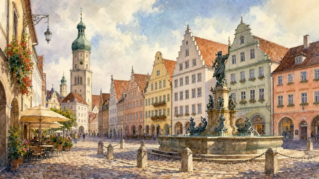 Aquarellbild einer historischen deutschen Altstadt mit Brunnen und Giebelhäusern