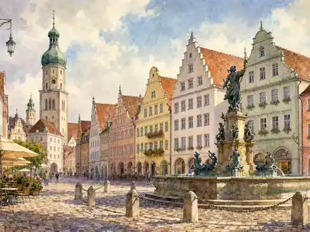 Patrizia SE (DE000PAT1AG3) Aquarellmalerei der historischen Augsburg Altstadt mit Renaissance-Brunnen und Giebelhäusern - Foto: THN