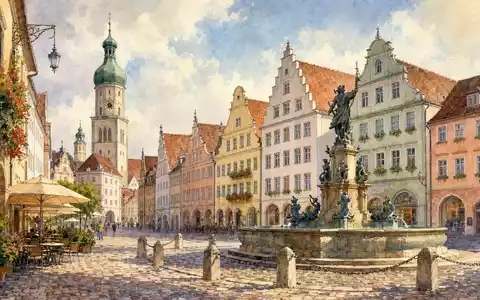 Patrizia SE (DE000PAT1AG3) Aquarellmalerei der historischen Augsburg Altstadt mit Renaissance-Brunnen und Giebelhäusern - Foto: THN
