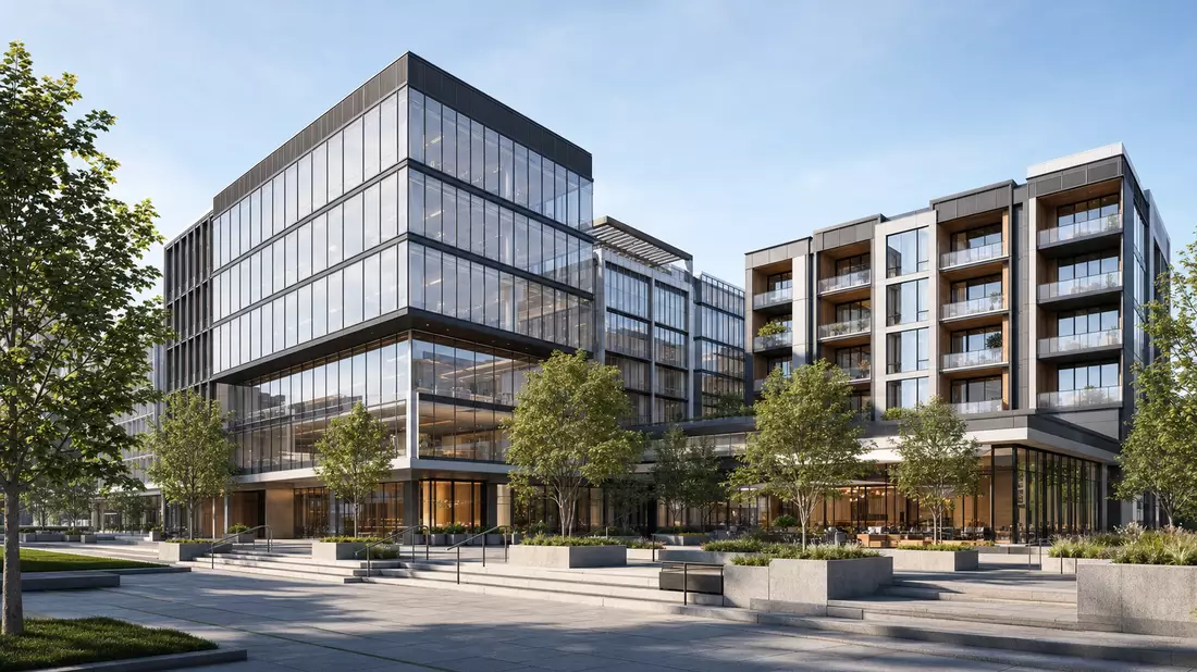 3D-Architekturvisualisierung eines modernen Büro- und Wohngebäudes mit Glasfassade