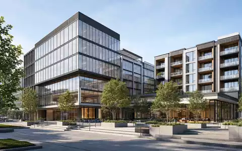 Patrizia SE (DE000PAT1AG3) Architektur-Render eines modernen Büro- und Wohngebäudekomplexes mit Glasfassade und begrüntem Vorplatz - Foto: THN