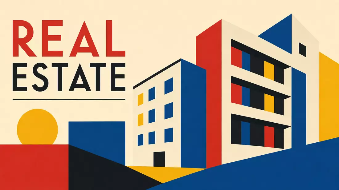 Bauhaus-Poster mit geometrischen Gebäuden und dem Wort Real Estate in Primärfarben
