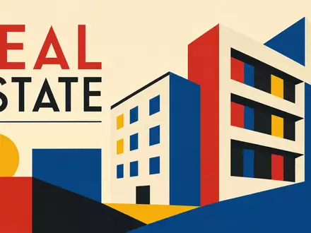 Patrizia SE (DE000PAT1AG3) Bauhaus-Poster mit geometrischen Gebäudeformen, Primärfarben und Schriftzug REAL ESTATE im Retro-Stil - Foto: THN