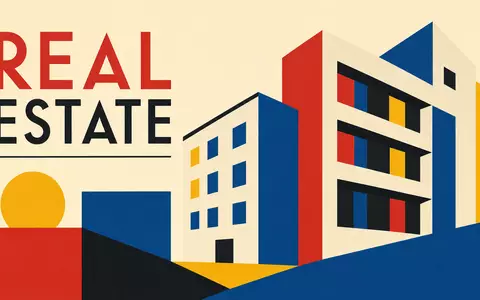Patrizia SE (DE000PAT1AG3) Bauhaus-Poster mit geometrischen Gebäudeformen, Primärfarben und Schriftzug REAL ESTATE im Retro-Stil - Foto: THN