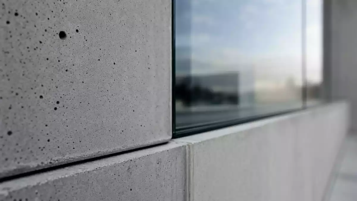 Makroaufnahme einer Gebäudefassade mit Betonstruktur und Glasreflexionen
