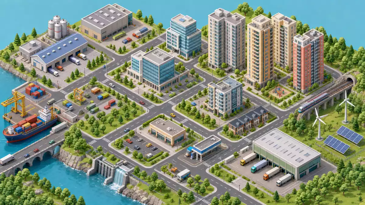 Isometrische 3D-Illustration eines Immobilienportfolios mit Türmen, Lagerhallen und Infrastruktur