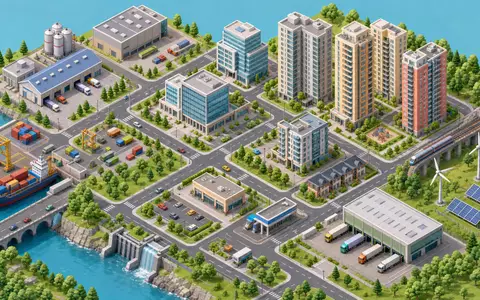 Patrizia SE (DE000PAT1AG3) isometrische 3D-Visualisierung eines diversifizierten Immobilienportfolios mit Türmen und Infrastruktur - Foto: THN