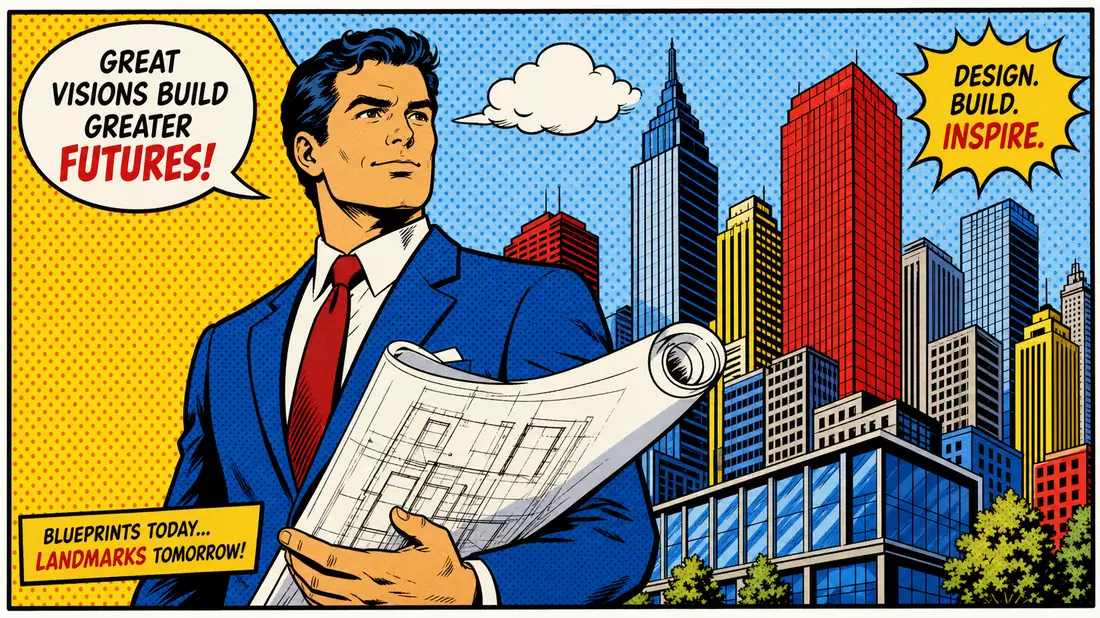 Pop-Art-Comic einer Geschäftsperson mit Bauplänen vor bunter Skyline