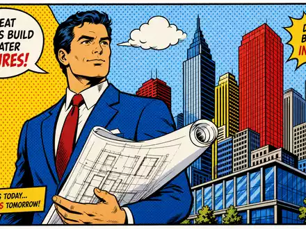 Patrizia SE (DE000PAT1AG3) Pop-Art-Comic mit GeschÀftsperson, BauplÀnen und bunter Skyline im Hintergrund - Foto: THN