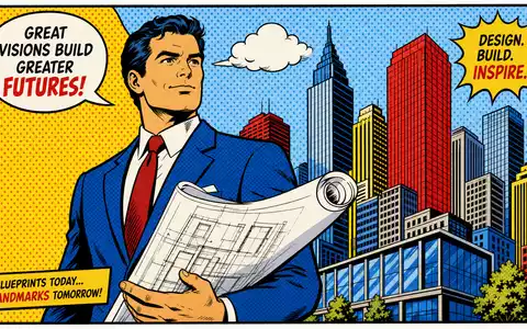 Patrizia SE (DE000PAT1AG3) Pop-Art-Comic mit Geschäftsperson, Bauplänen und bunter Skyline im Hintergrund - Foto: THN