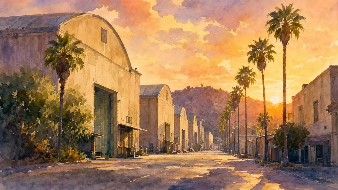 Aquarellillustration einer generischen Hollywood-Studio-Backlot-Straße mit Palmen bei Sonnenuntergang