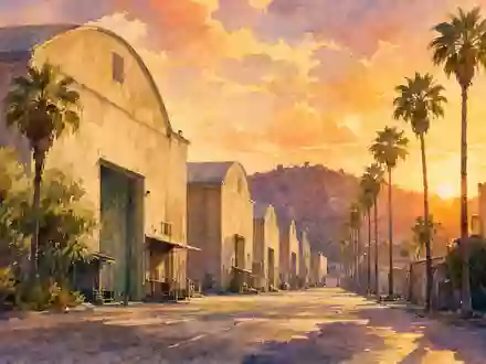 Paramount Global (US92556V1061) Aquarellmalerei zeigt generische Hollywood-Studiolandschaft mit Palmen bei warmem Sonnenuntergang - Foto: THN