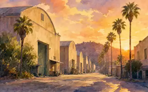 Paramount Global (US92556V1061) Aquarellmalerei zeigt generische Hollywood-Studiolandschaft mit Palmen bei warmem Sonnenuntergang - Foto: THN