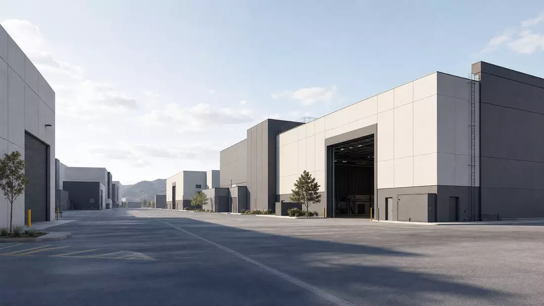 Architekturvisualisierung eines generischen modernen Filmstudio-Backlot mit großen Hallenbauten