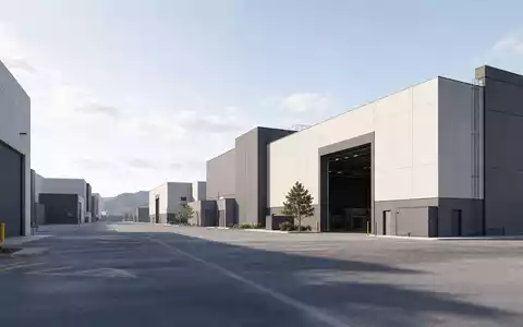 Paramount Global (US92556V1061) Architektur-Render zeigt modernen generischen Filmstudio-Backlot-Komplex im minimalistischen Baustil klar - Foto: THN