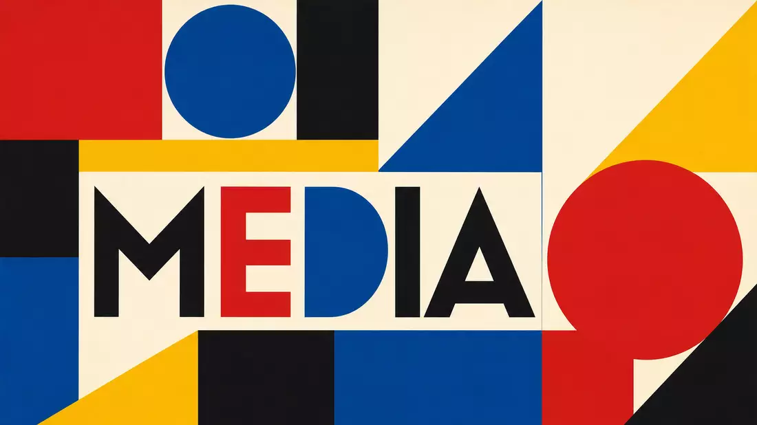 Bauhaus-Stil Poster mit geometrischen Formen in Rot Blau Gelb und dem Wort MEDIA