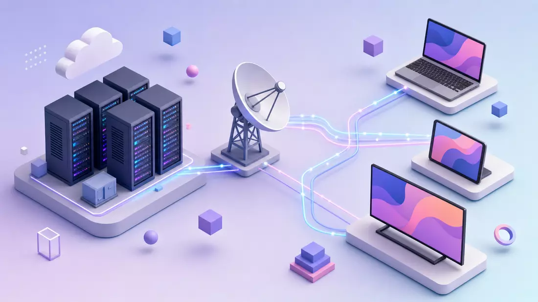 Isometrische 3D-Illustration einer Streaming-Verteilkette von Server zu Laptop, Tablet und Fernseher