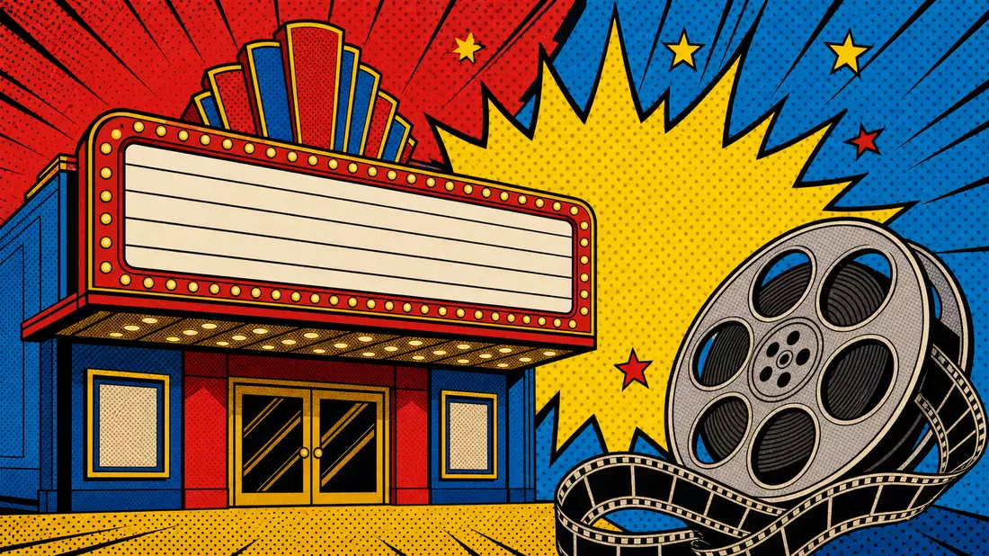 Pop-Art-Comic-Illustration eines generischen Kino-Marquees mit Filmrolle in leuchtenden Farben