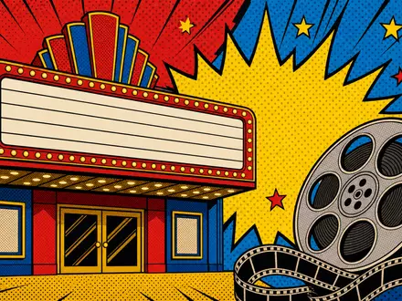 Paramount Global (US92556V1061) Pop-Art-Comic zeigt generisches Kino-Marquee und Filmrolle in knalligen Comicfarben - Foto: THN