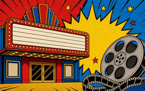 Paramount Global (US92556V1061) Pop-Art-Comic zeigt generisches Kino-Marquee und Filmrolle in knalligen Comicfarben - Foto: THN