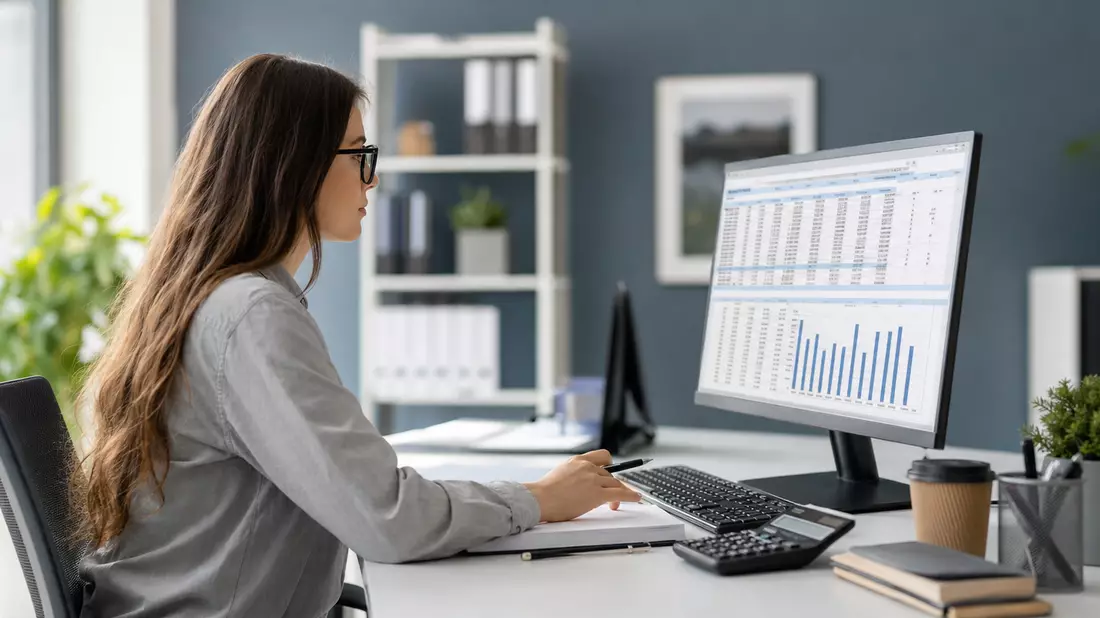 Fotorealistische Payroll-Mitarbeiterin am Computerbildschirm mit generischen Tabellenzahlen im modernen Büro