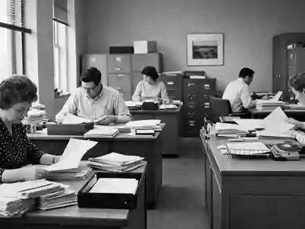 Paychex Inc. US7043261079 in Schwarz-Weiß-Reportage zeigt Lohnbüro eines KMU mit Angestellten bei Papierarbeit - Foto: THN