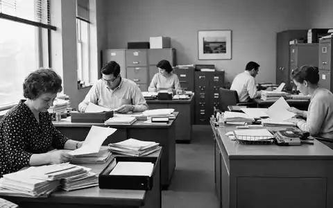 Paychex Inc. US7043261079 in Schwarz-Weiß-Reportage zeigt Lohnbüro eines KMU mit Angestellten bei Papierarbeit - Foto: THN