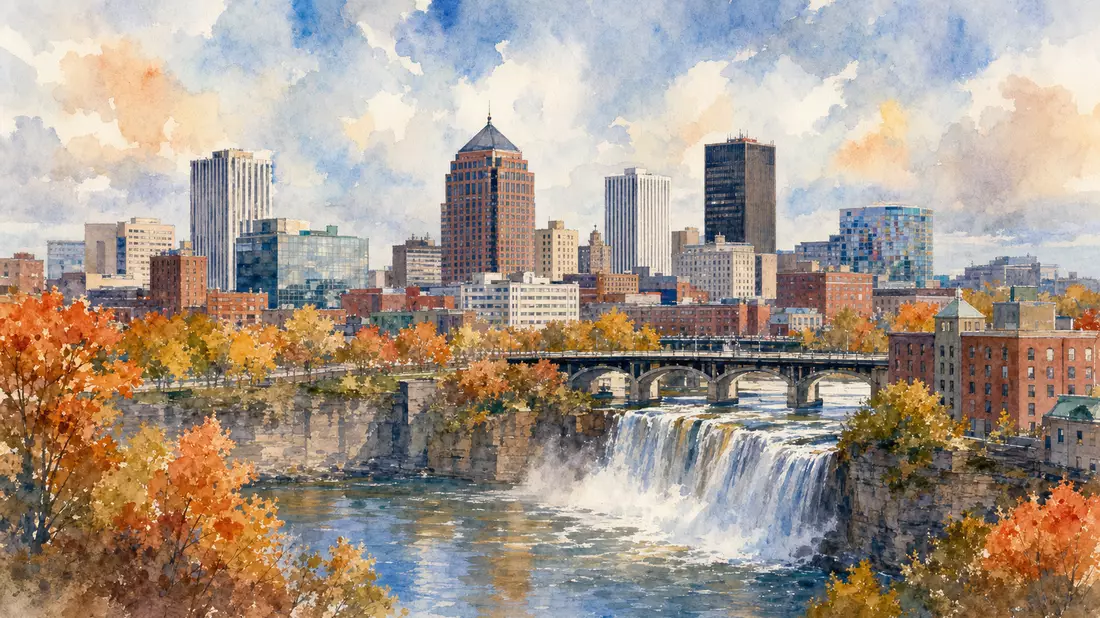 Aquarellmalerei der Innenstadt von Rochester New York mit Fluss, Wasserfall und herbstlichen Bäumen