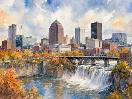 Paychex Inc. US7043261079 dargestellt als Aquarellgemälde der Skyline von Rochester New York mit Wasserfall - Foto: THN